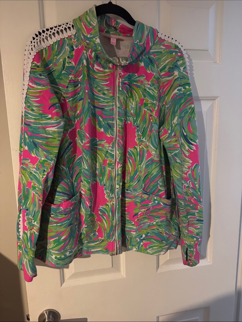 womens Bright Pink Tropical Print Zip-Up Jacket
